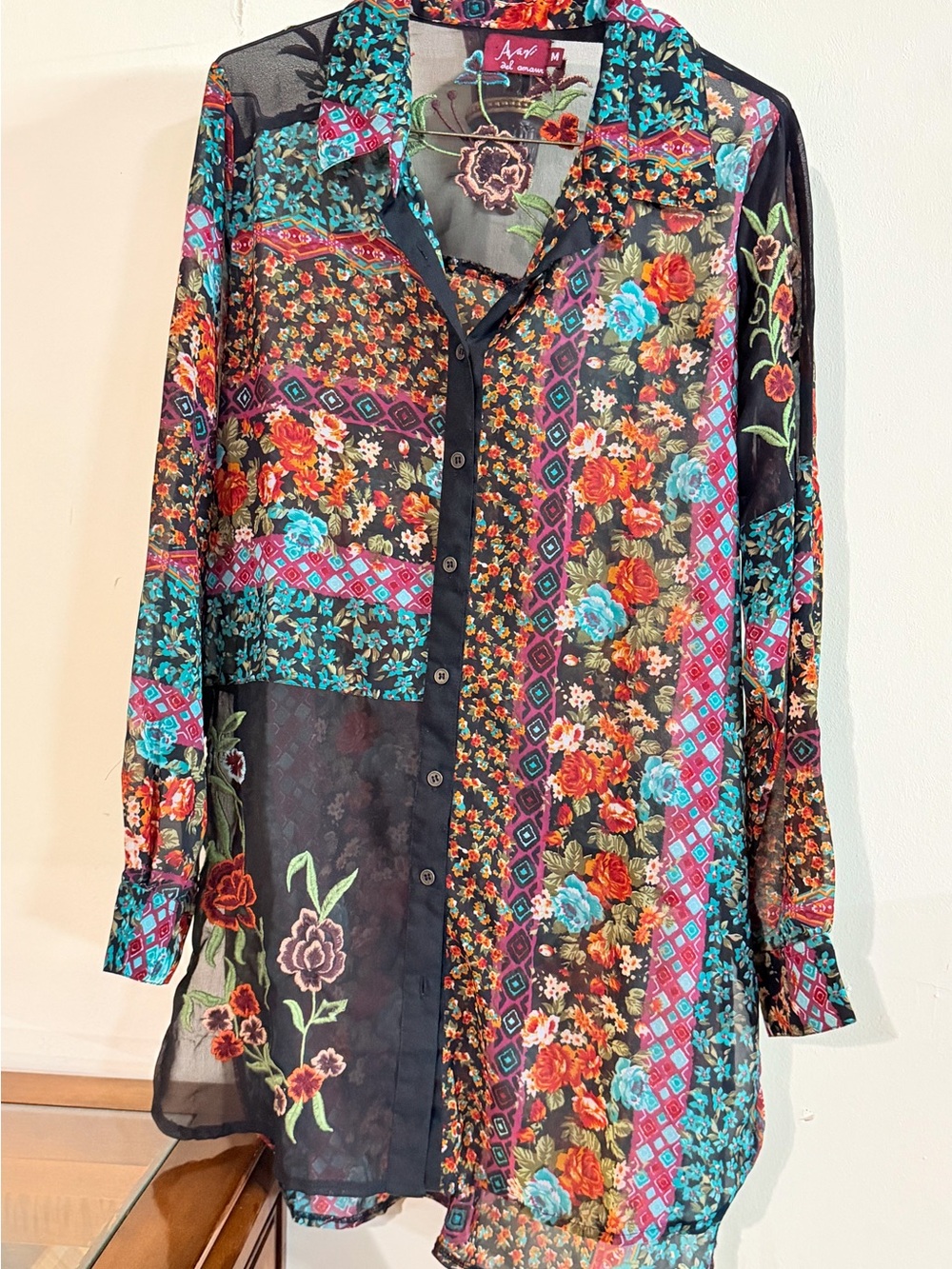 Avani Del Amour Embroidered Sheer Patchwork Floral Tunic Blouse Boho Artsy - Picture 2 of 13
